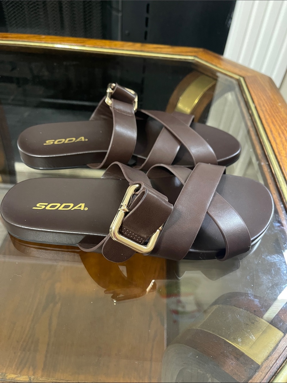 Soda Chocolate Brown Crisscross Slide Sandals with Gold Buckle